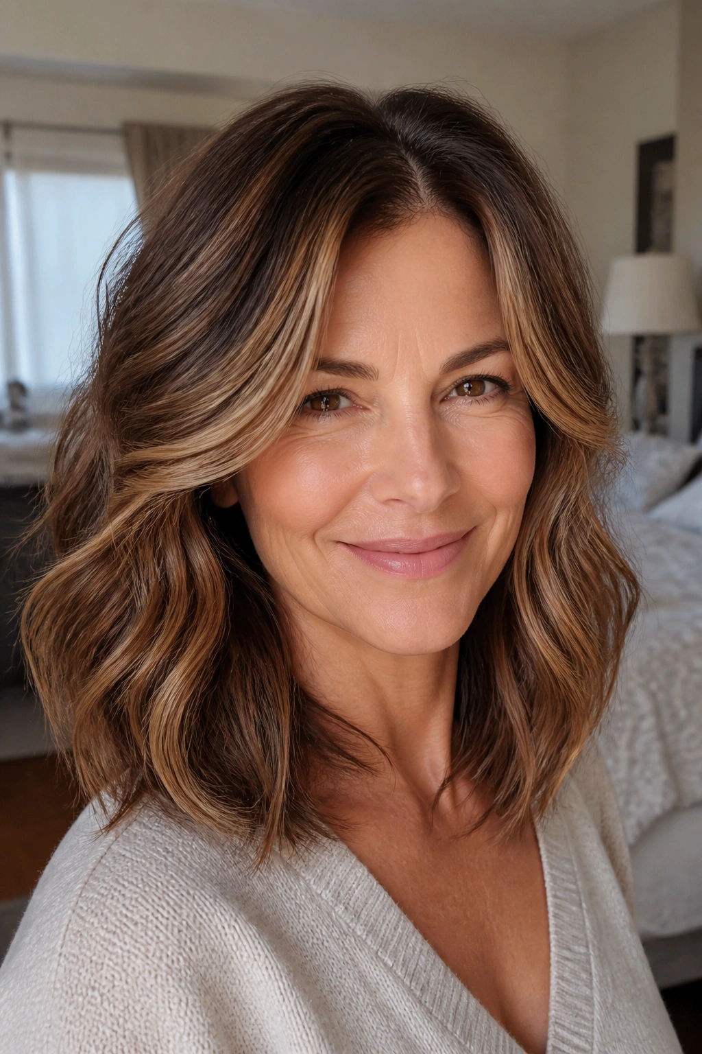 Close-up portrait of a real woman with soft chestnut hair and honey ribbons framing the face