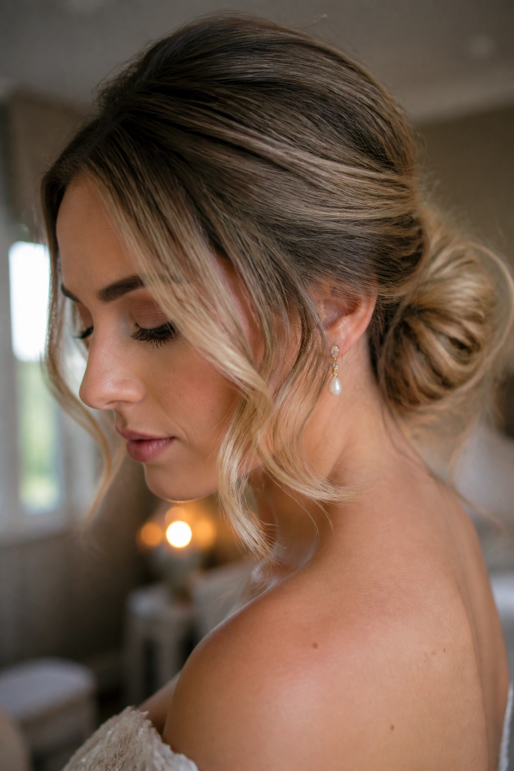 Close-up of a real woman showcasing a soft low chignon with face-framing pieces at the nape