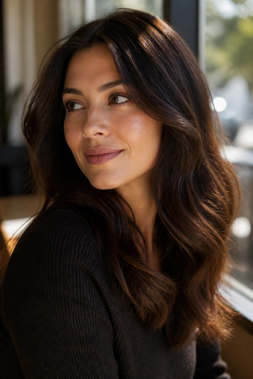Close-up of a real woman with soft chocolate brown hair in natural light