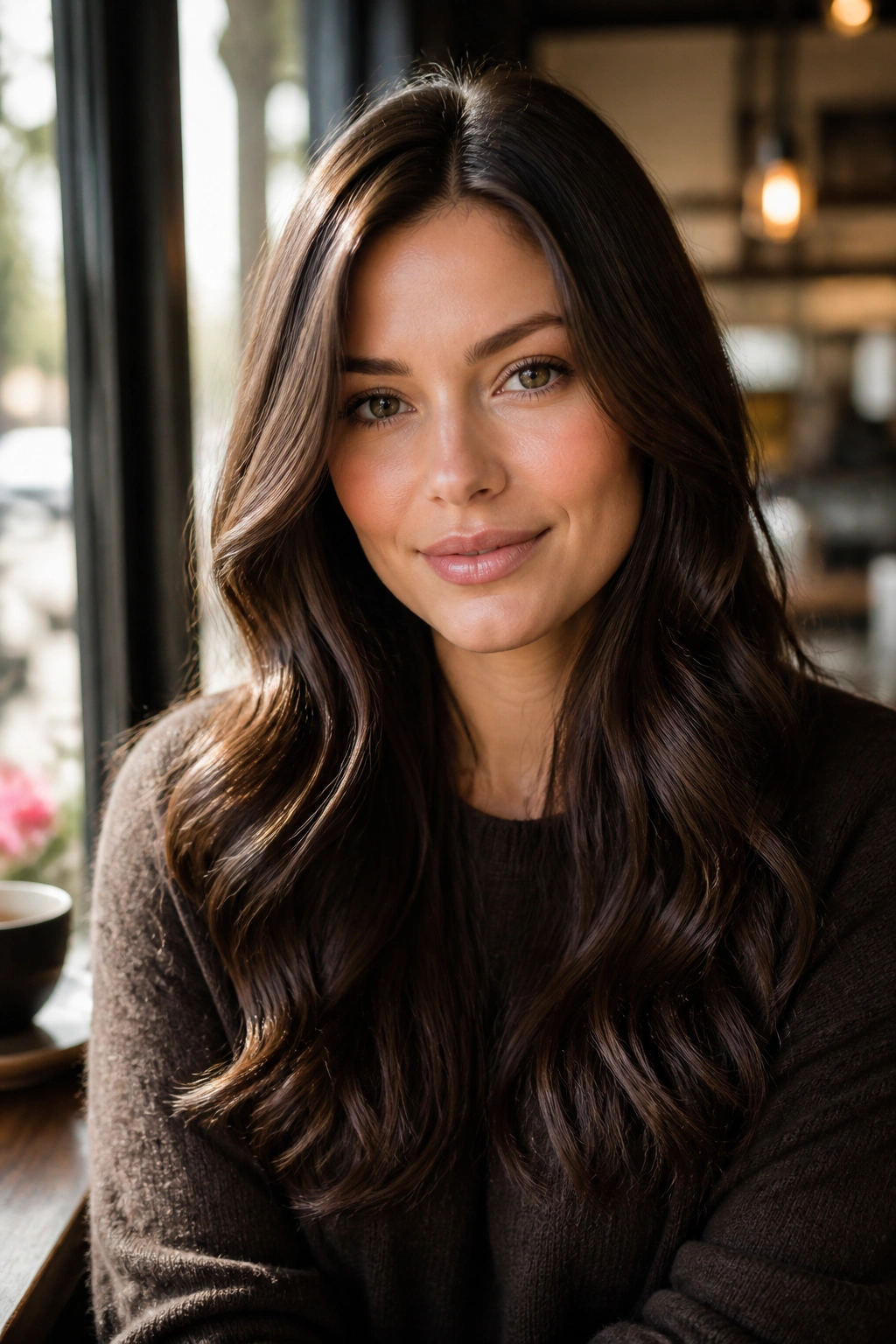 Close-up portrait of a real woman with soft chocolate gloss brunette hair