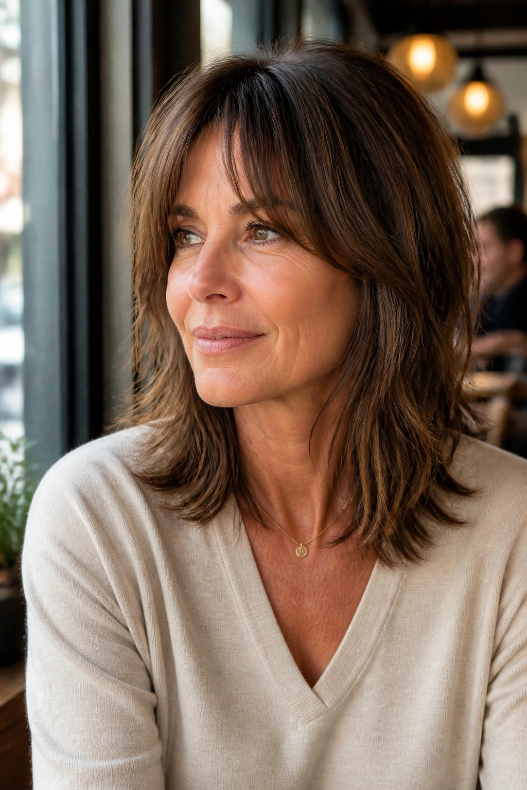 Close-up portrait of a real woman with soft collarbone shag and curtain bangs in warm cafe window light