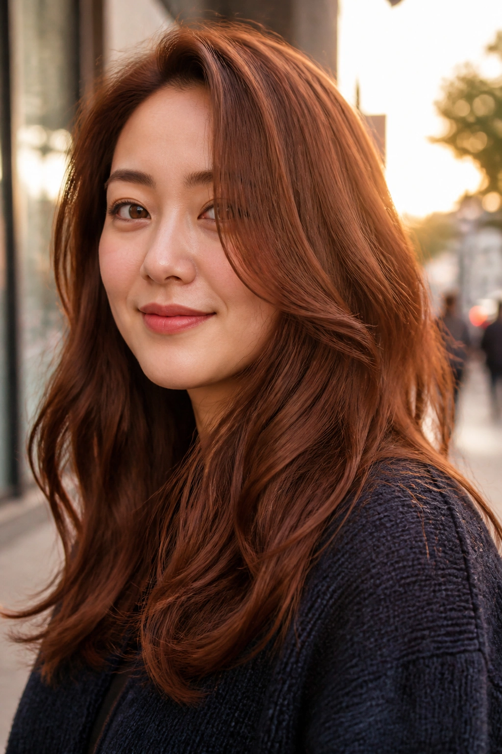 Close-up of a woman with soft copper auburn hair in urban golden-hour light.