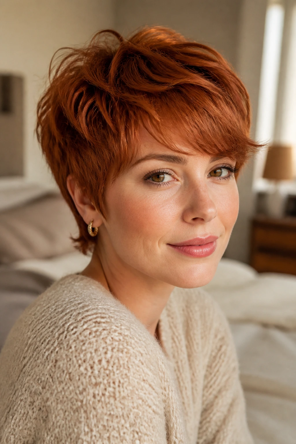Close-up of a real woman with soft copper auburn feathered pixie in a window-lit bedroom.
