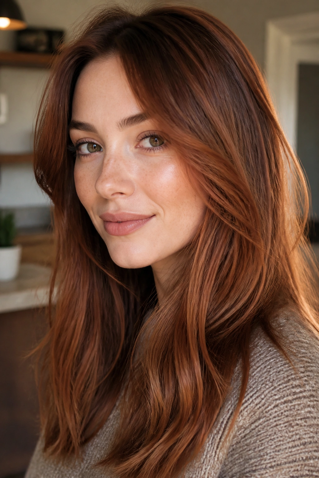 Close-up of a real woman's hair with soft copper-red tones and natural contrast