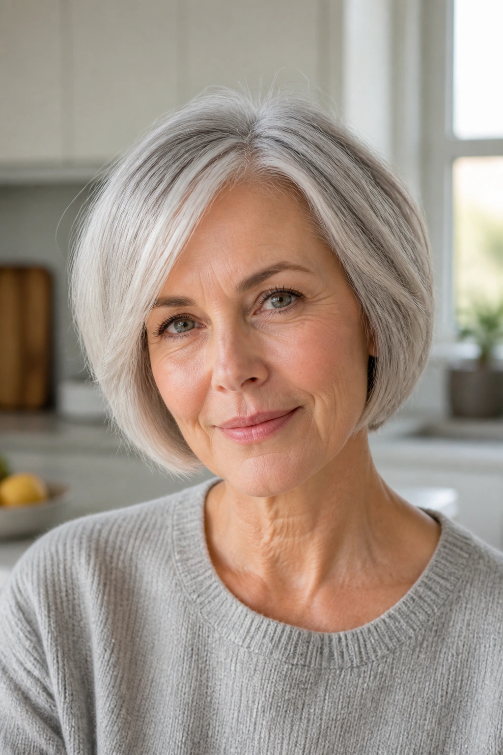 Close-up portrait of an older woman with a soft crop bob for fine hair over 50, gray hair with soft shape