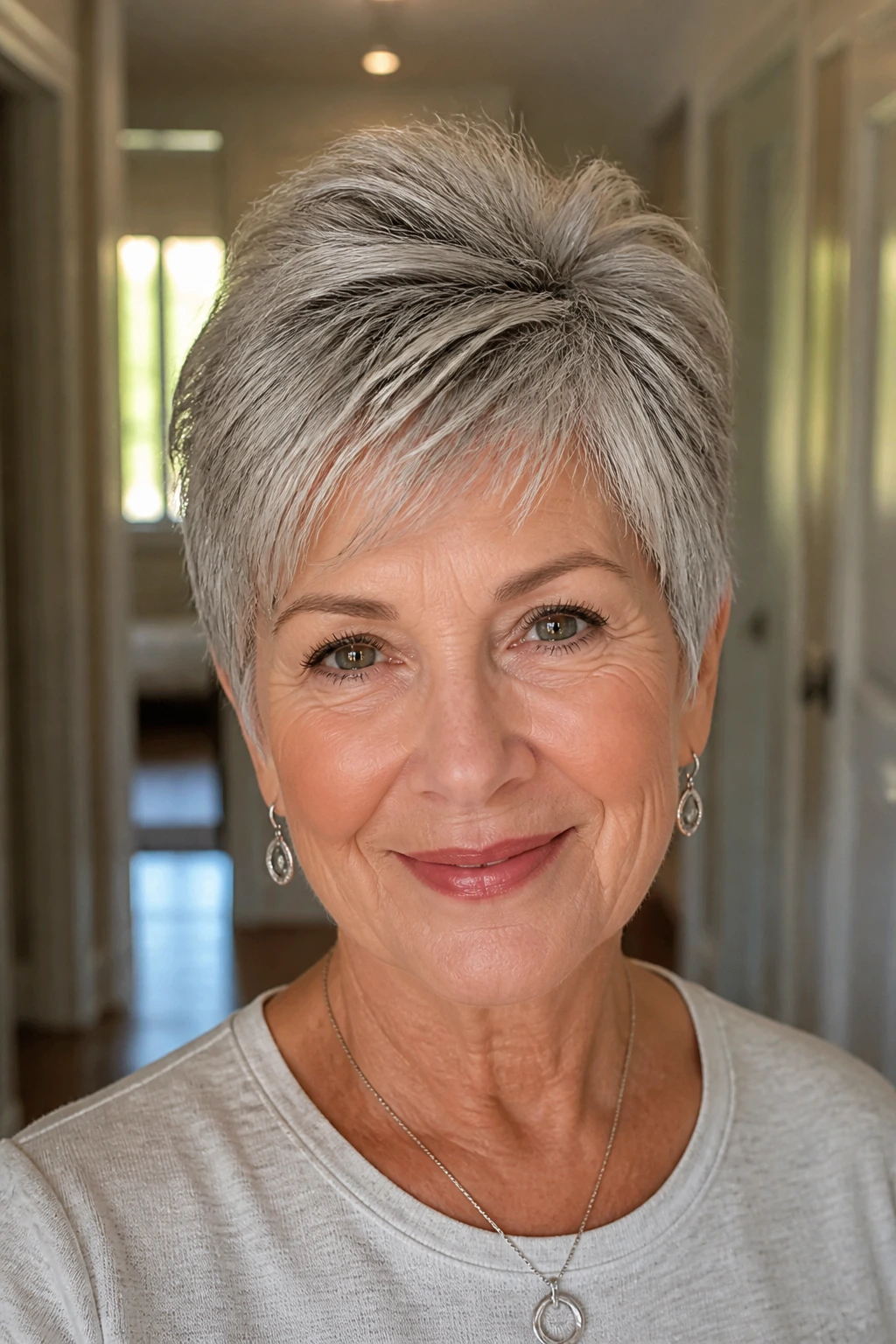 Close-up portrait of a real woman with soft crop and crown lift in morning light.