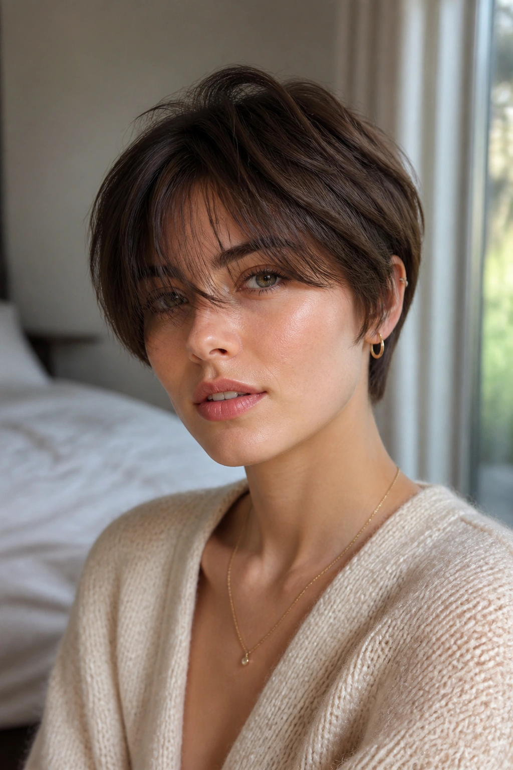 Close-up portrait of a real woman with a soft crop and long fringe, hair framing the face in natural window light