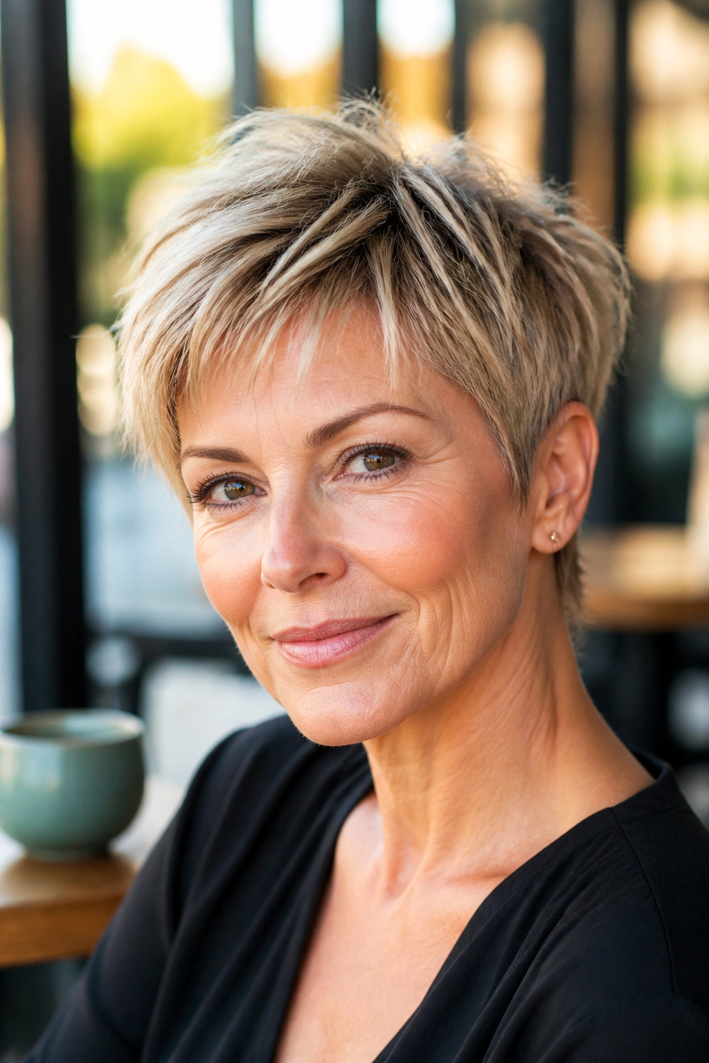 Close-up of a real woman with a soft crop and piecey ends in warm daylight