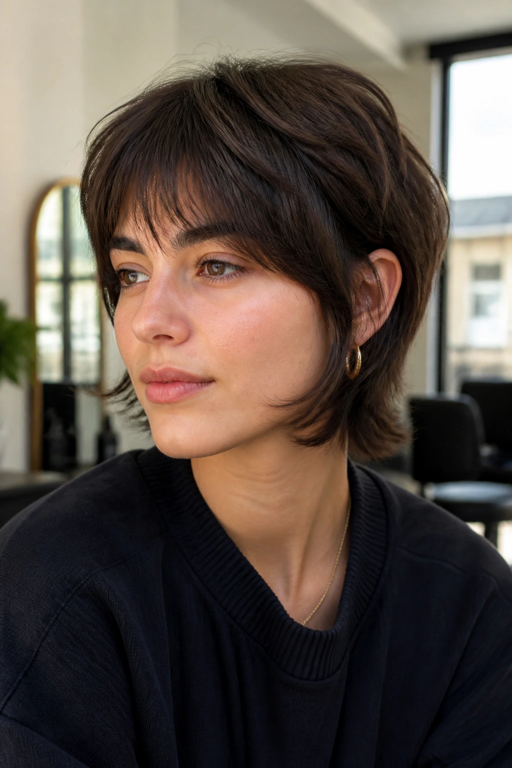 Close-up portrait of a real person with a soft crop wolf cut and tucked ends, natural window light