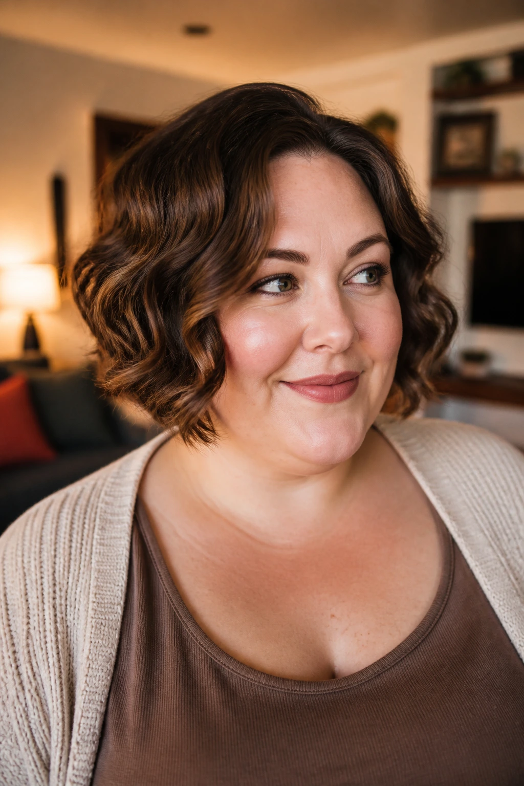 Real woman with soft curled bob and loose S-wave curls in warm indoor light