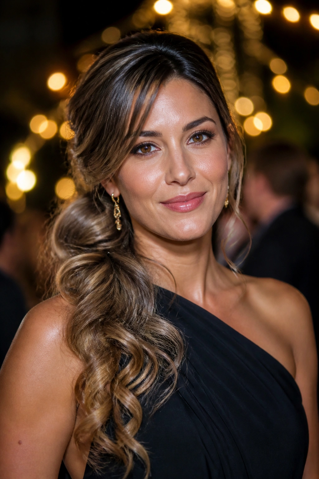 Close-up of a real woman with a softly curled side ponytail