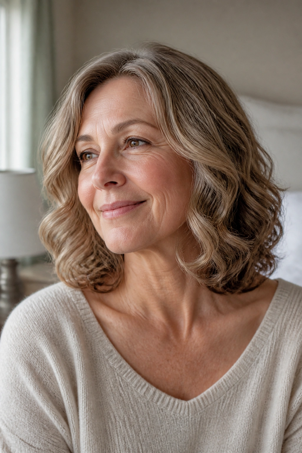 Close-up portrait of a real woman with soft curls resting at the collarbone