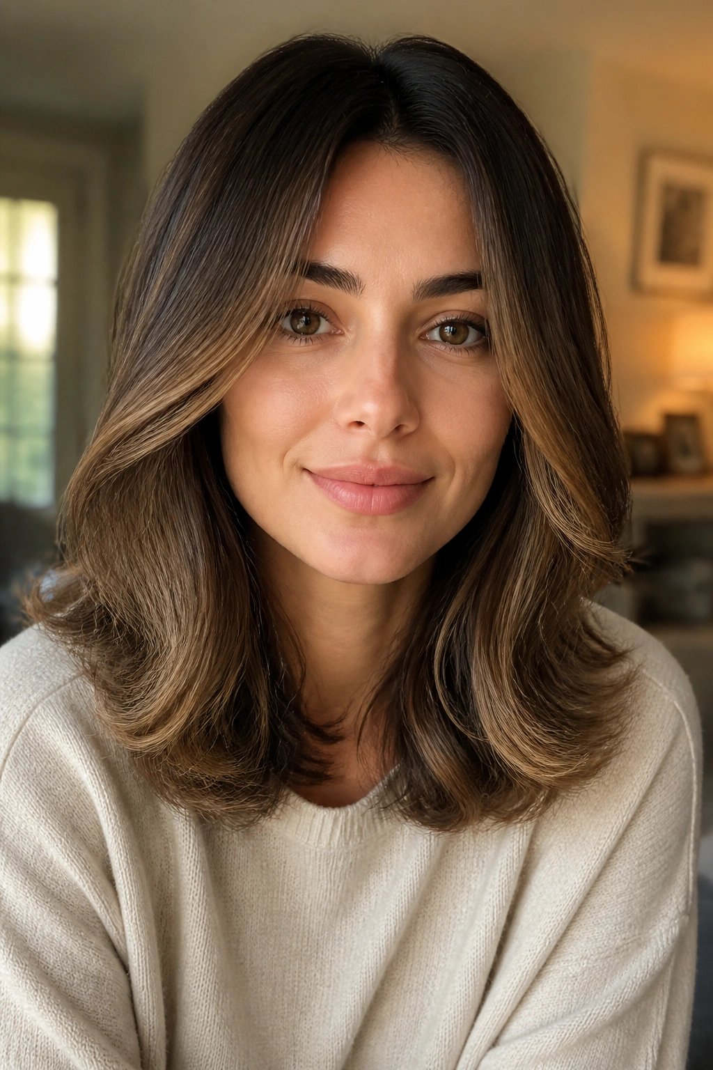 Close-up of a woman with soft curled ends and invisible layers