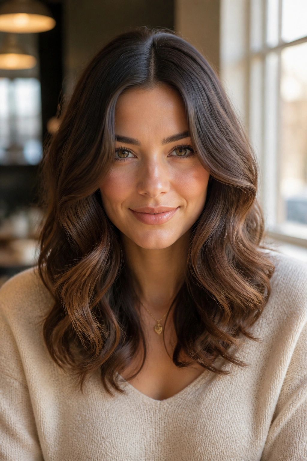 Close-up of a real woman with soft curls and a middle part