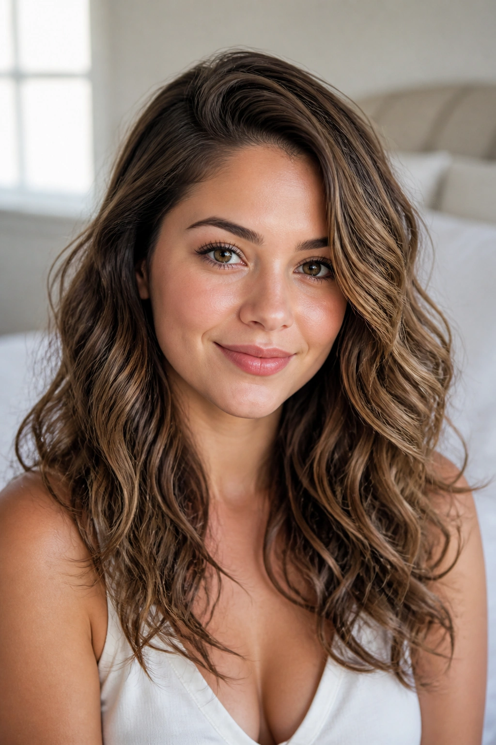 Woman with loose soft curls and an off-center part