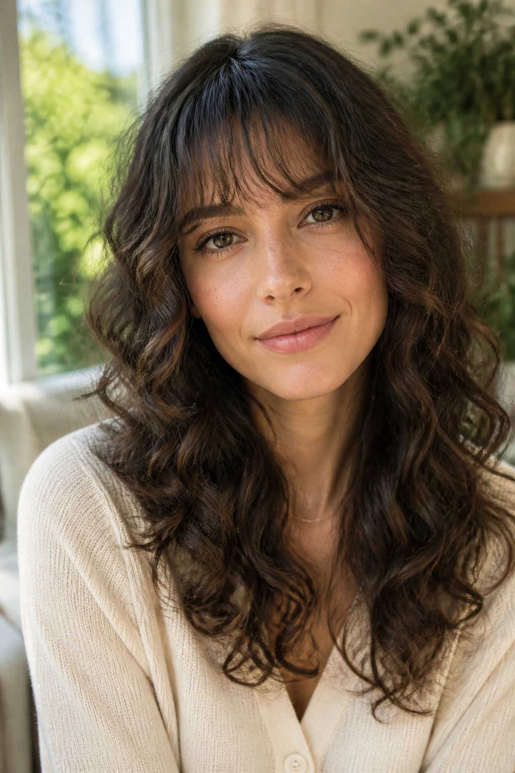 Close-up of a woman with soft curls and a piecey fringe