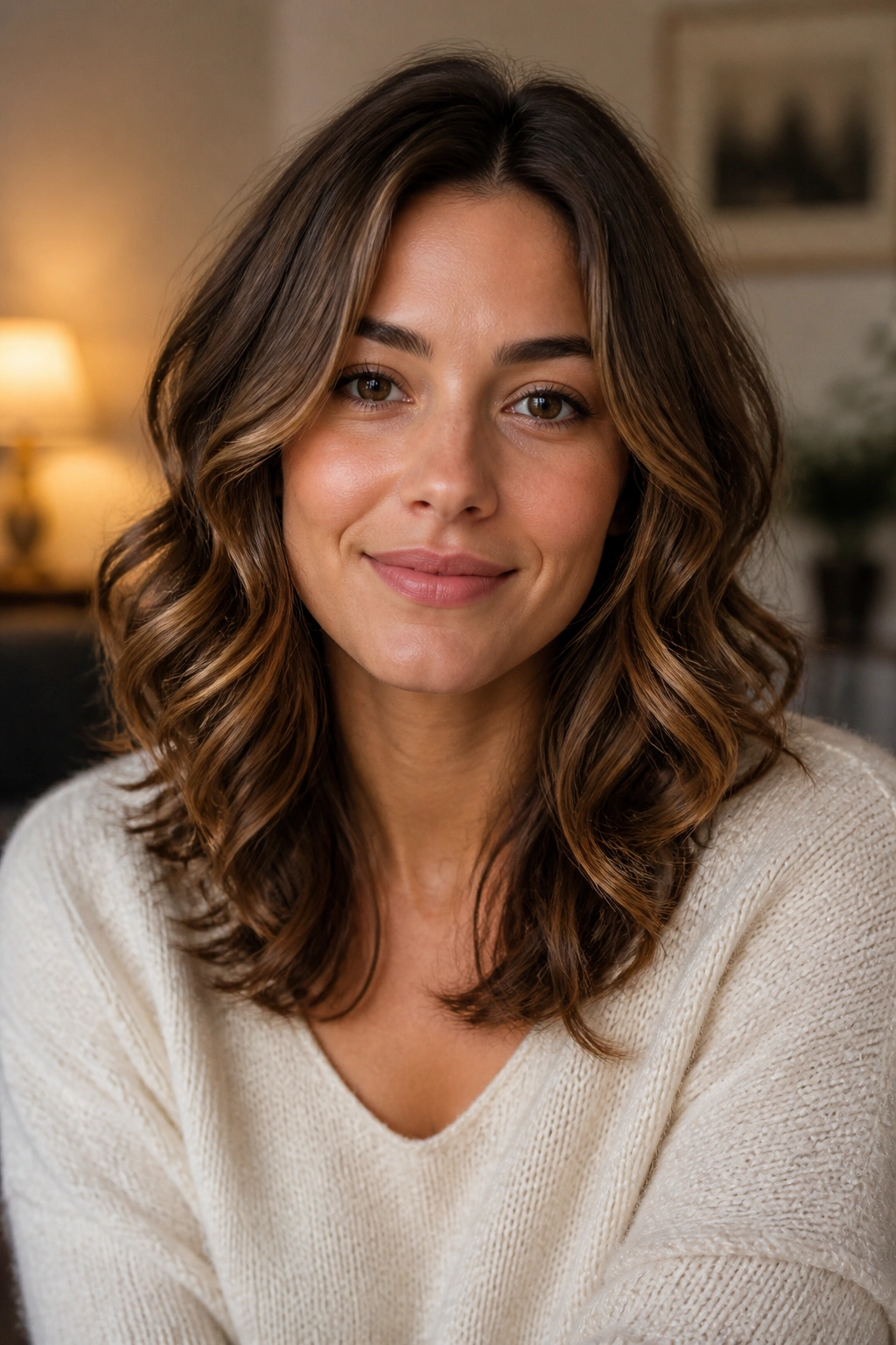 Close-up portrait of a real woman with soft curls tapering at the ends in a cozy room