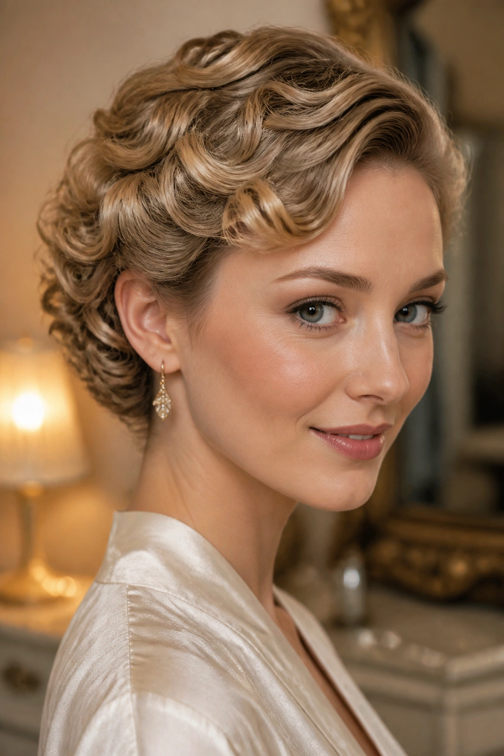 Portrait of a real woman with soft curls pinned back into an Old-Hollywood sweep.