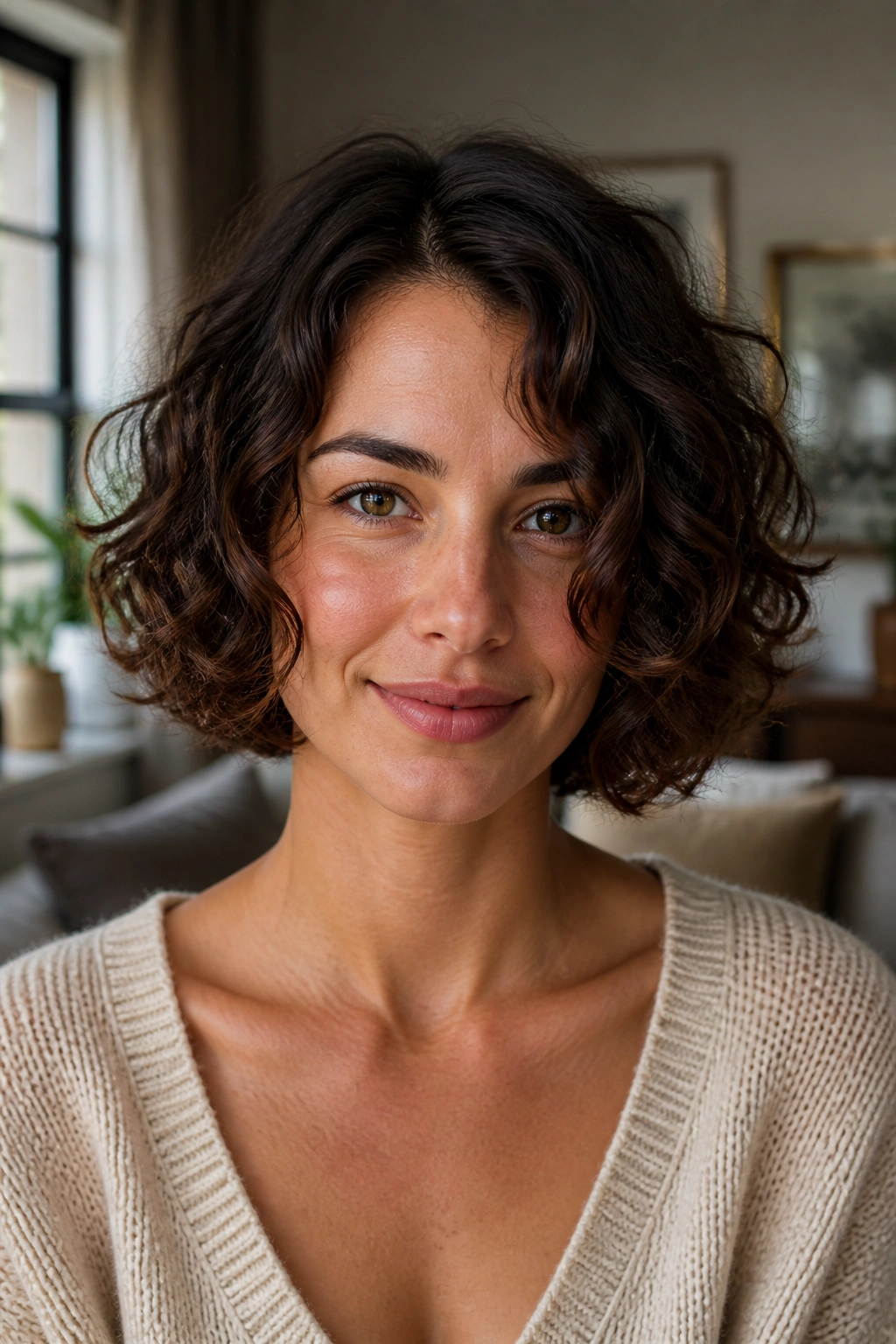 Close-up portrait of a real person with soft curly bob at chin length in cozy room light