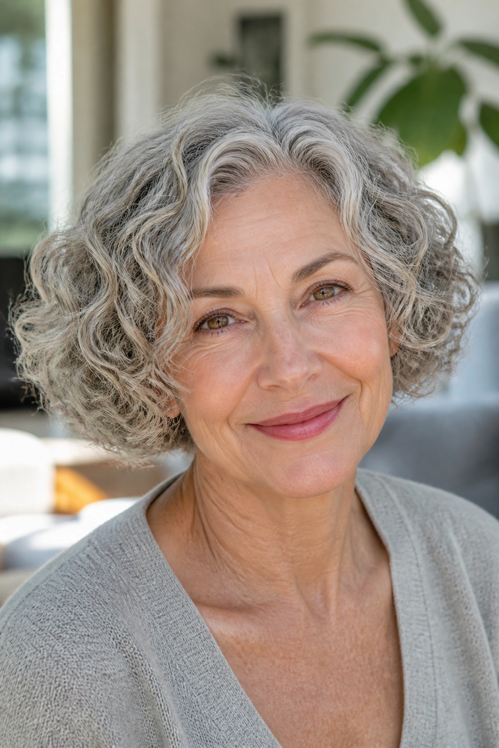 Portrait of a real woman with a soft curly bob and gray curls.
