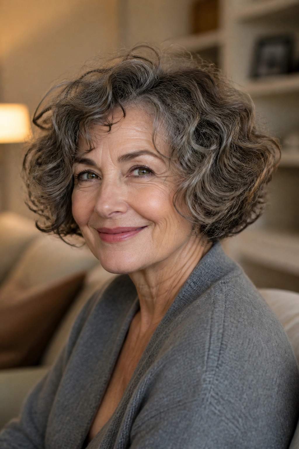 Close-up of a real woman with a soft curly French bob and natural texture