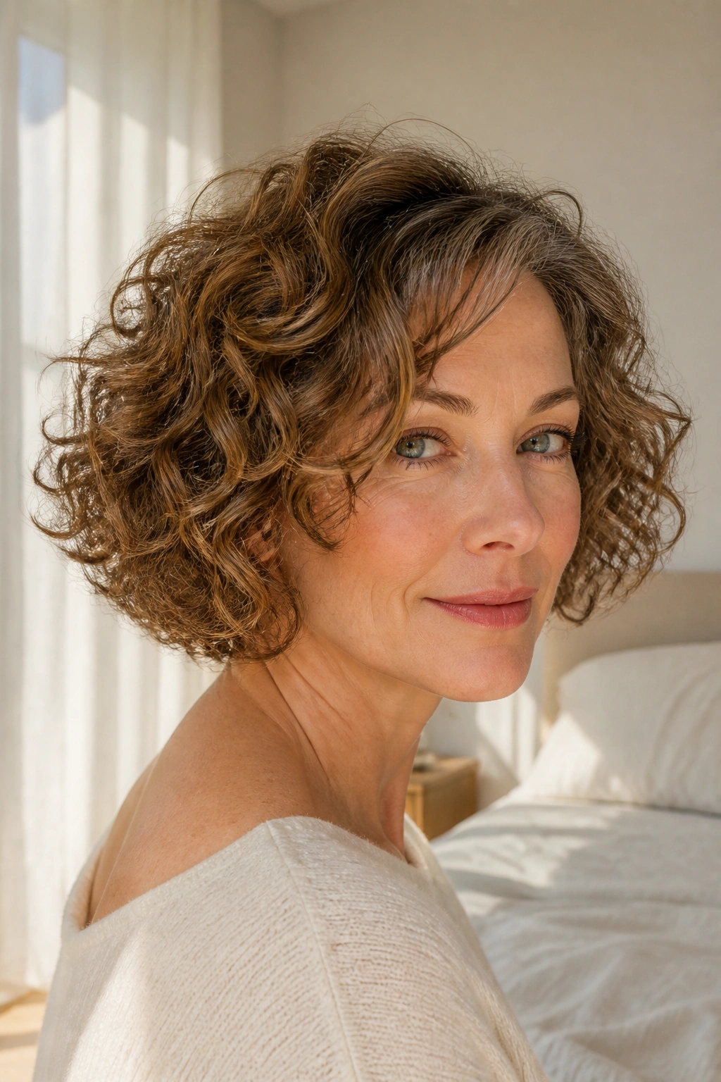 Portrait of a real woman with a soft curly bob showing natural texture.