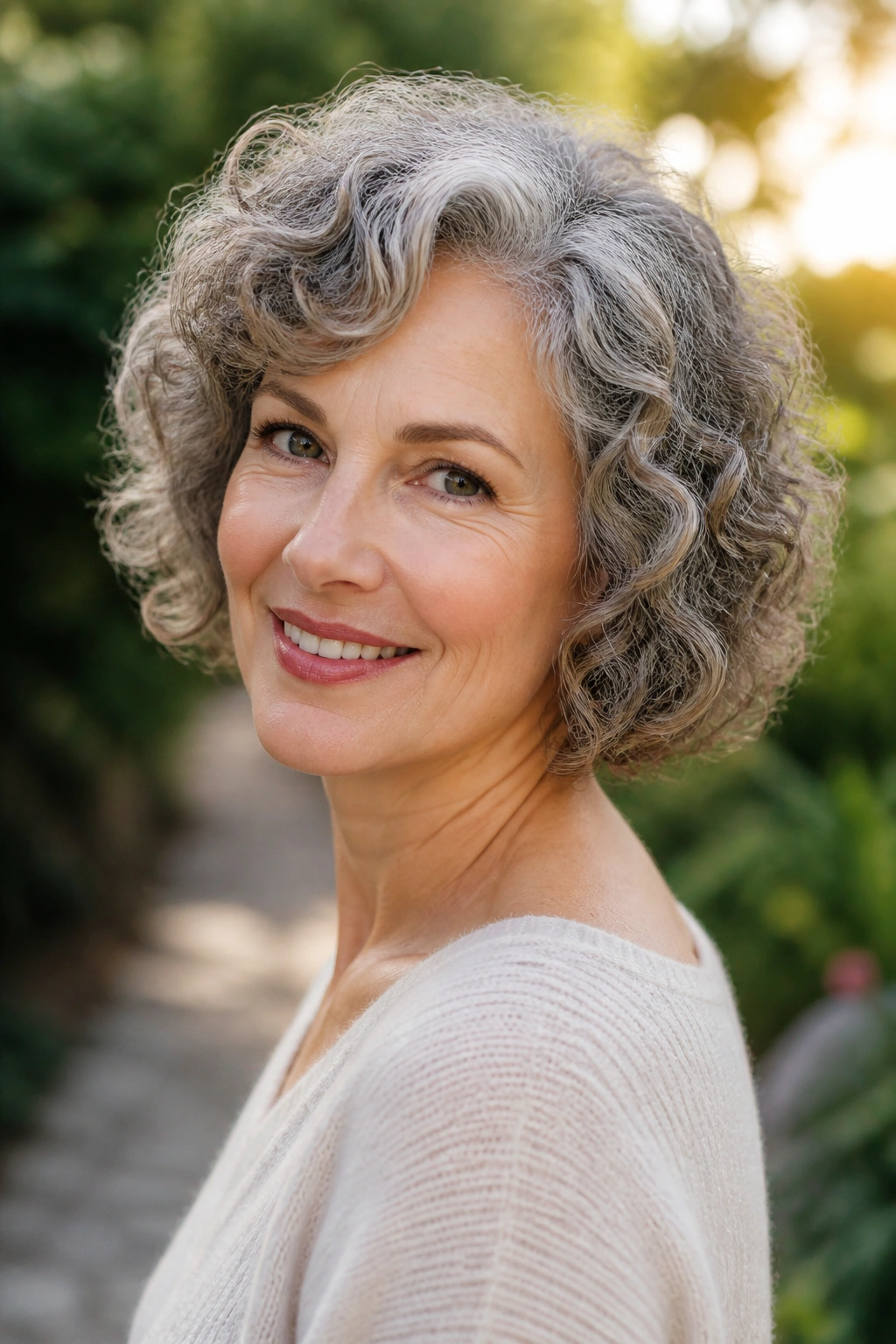Close-up of an older woman with a soft curly bob and gray curls in natural light