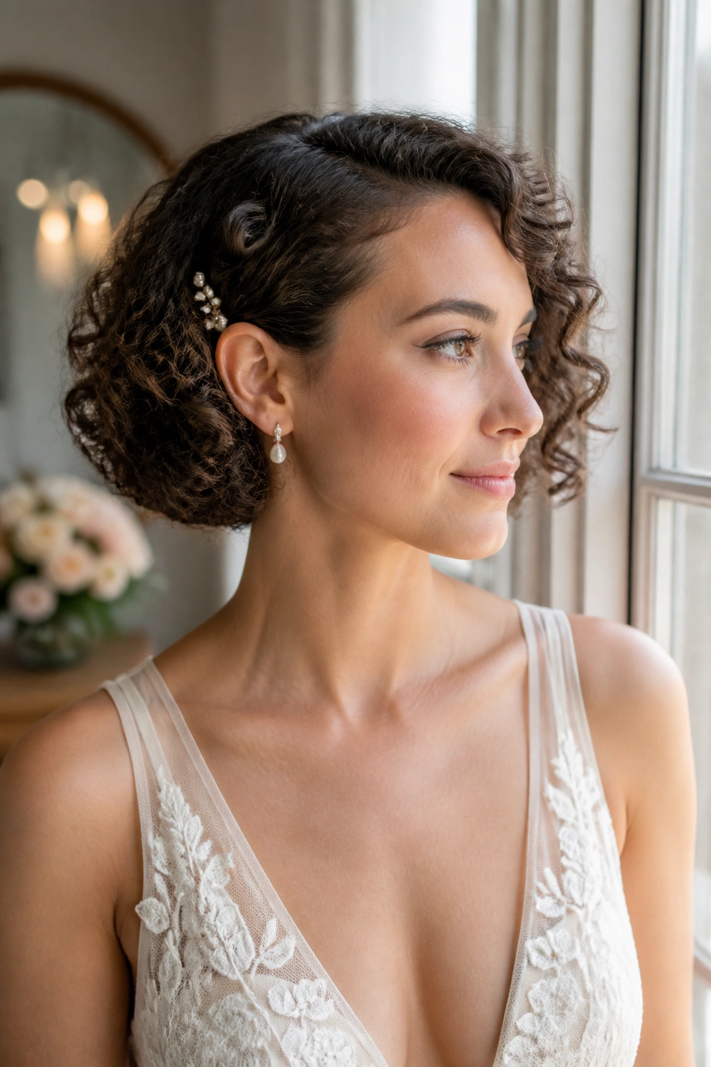 Medium close-up of a person with a soft curly bob tucked to the side