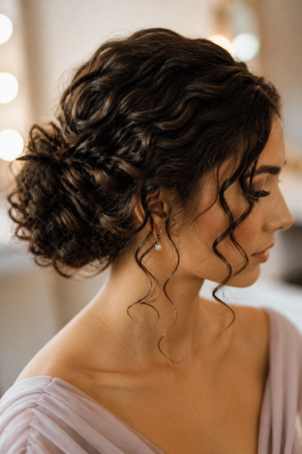 Close-up of a real woman's soft curly bun with loose tendrils in a bridal suite setting