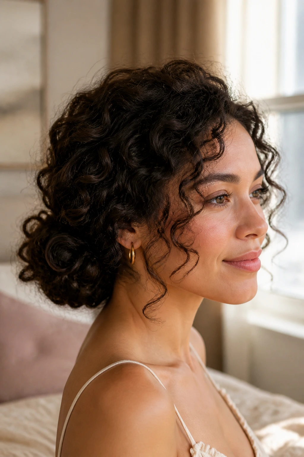 Close-up portrait of a real woman with a soft curly chignon at the nape, curls framing the face in warm window light