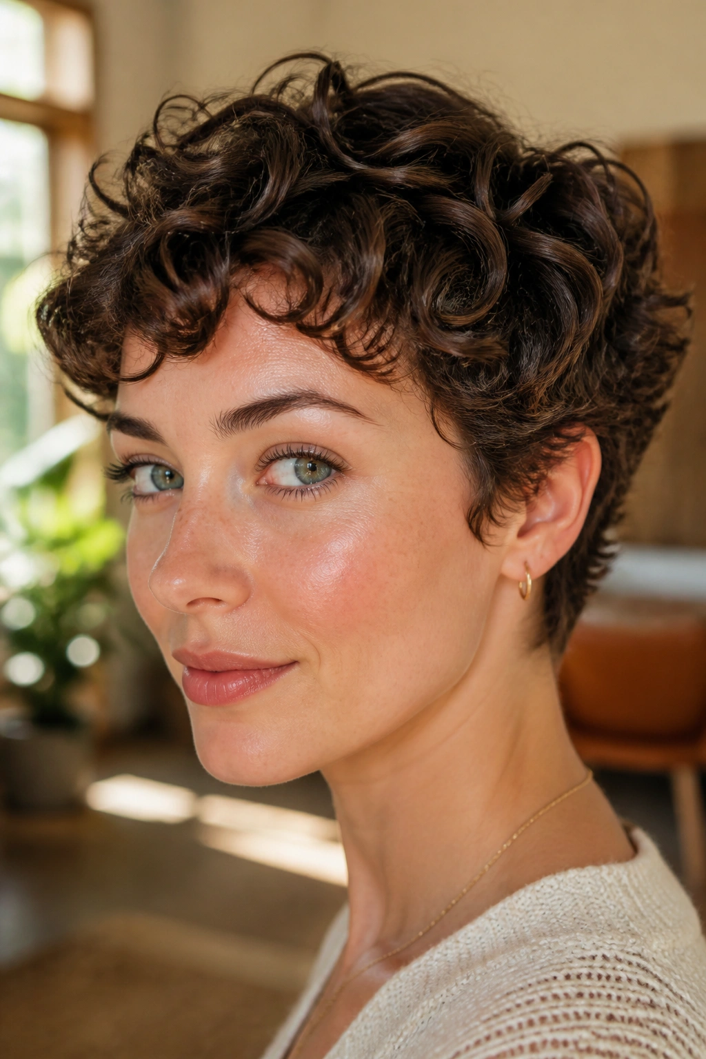 Real woman portrait with soft curly crop and curls hugging the head