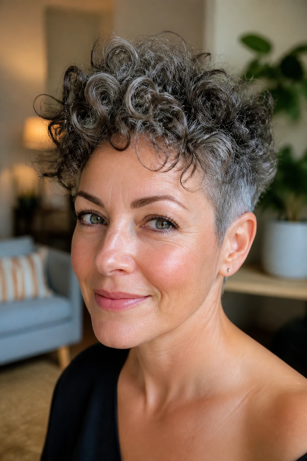Close-up of a real woman with a soft curly crop hairstyle