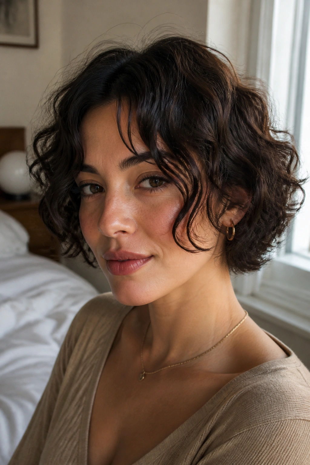 Close-up portrait of a real person with soft curly crop and curtain bangs