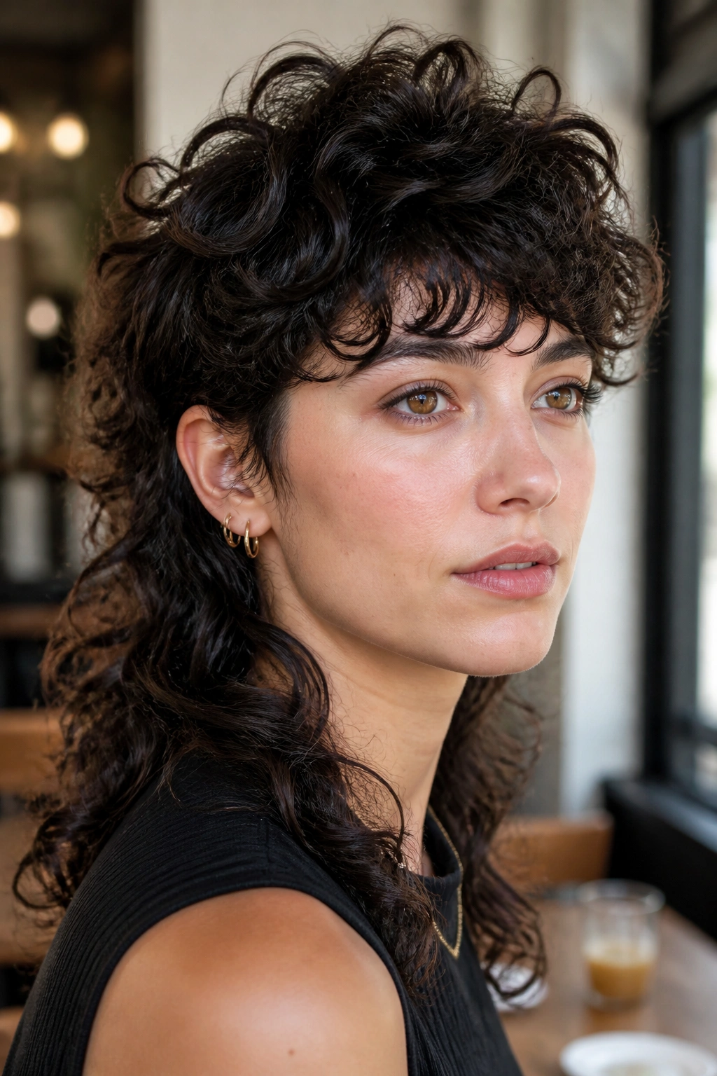 Close-up portrait of a real woman with a soft curly mullet