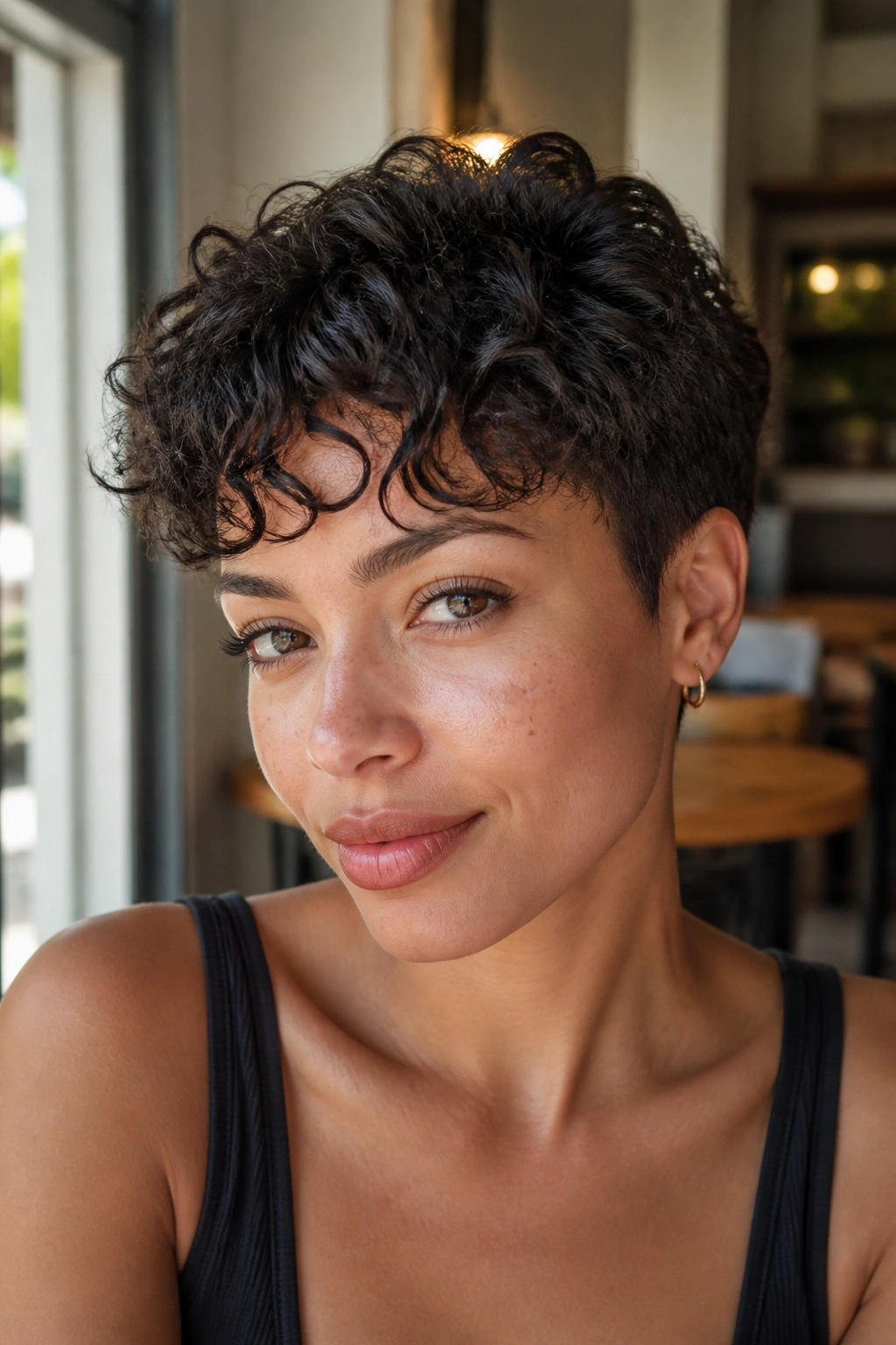 Close-up of a woman with a soft curly pixie and piecey fringe in a sunny cafe setting
