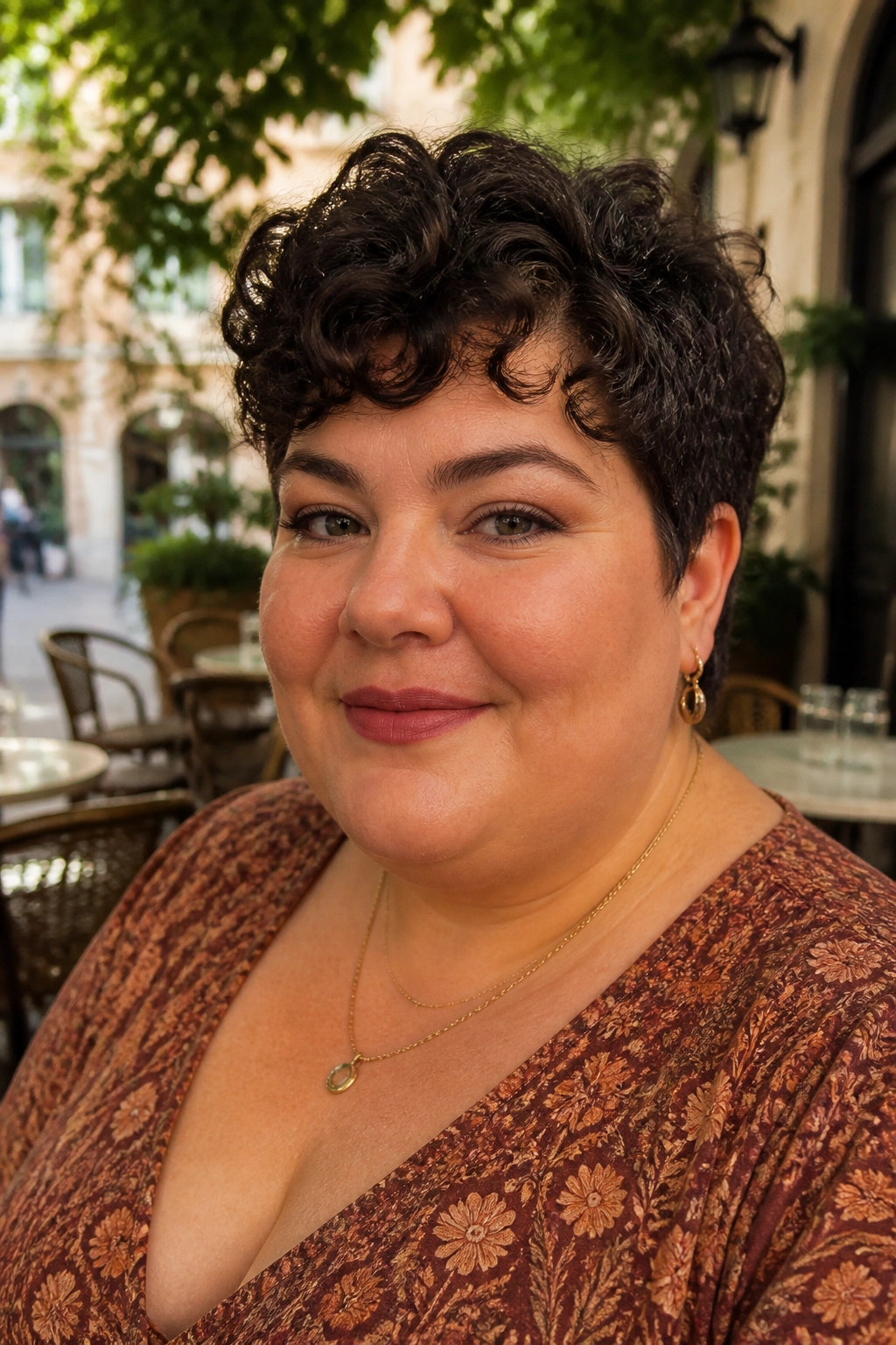 Close-up of a real plus-size woman with a soft curly pixie cut