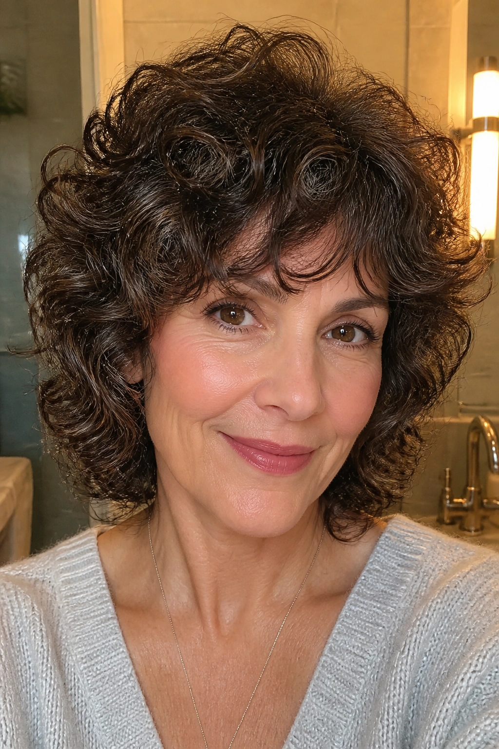 Close-up portrait of a real woman with soft curly shag and rounded crown