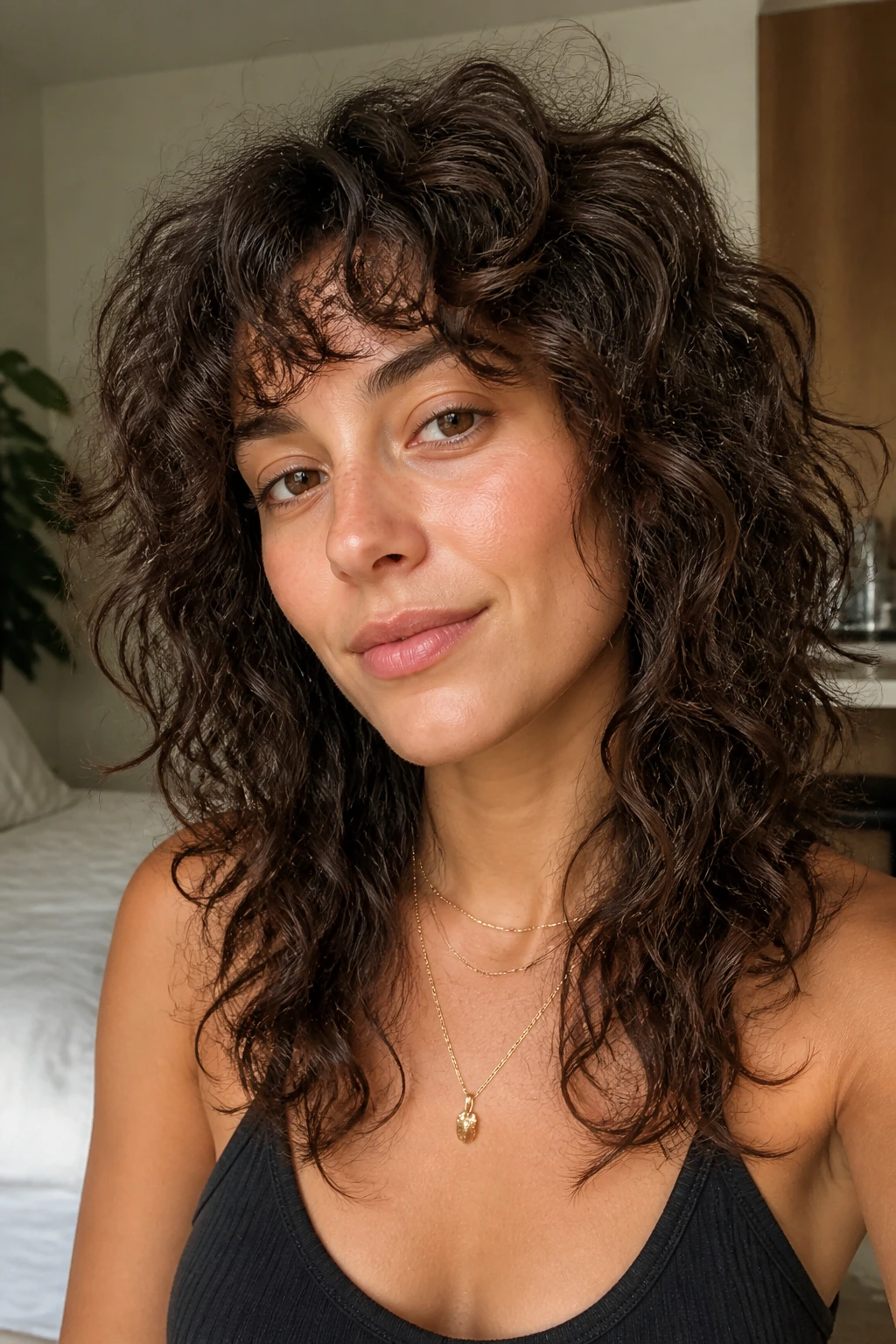 Close-up of a real woman with soft curly shag for easy styling in a casual home