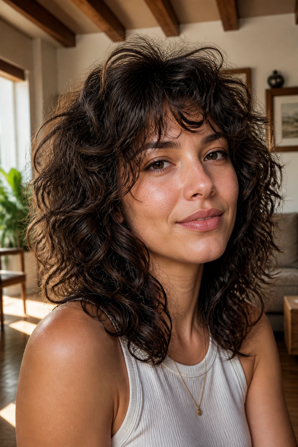 Close-up portrait of a real woman with a soft curly wolf cut and crown lift in a sunlit living room
