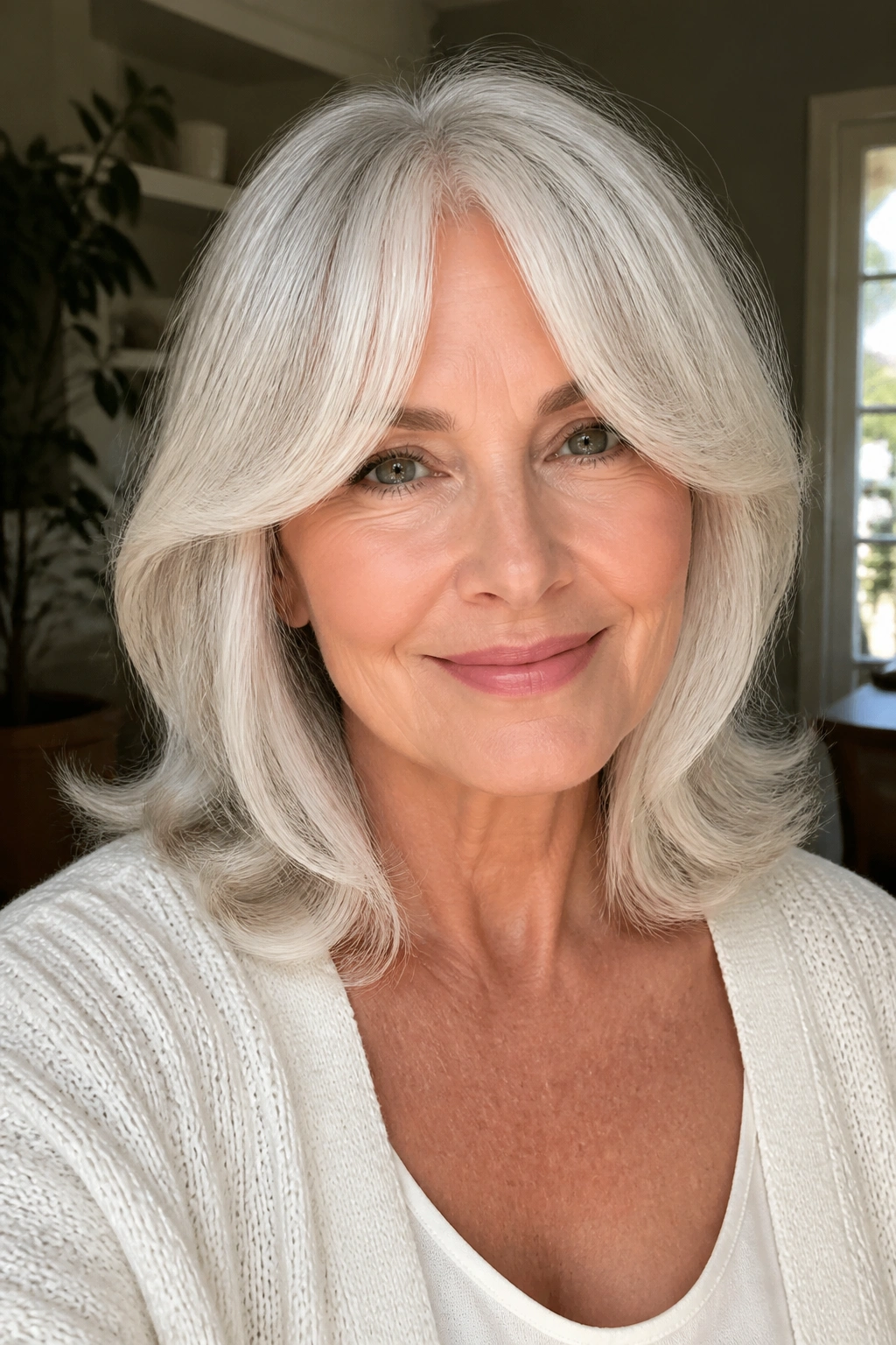 Close-up of a real woman with soft white curtain bangs