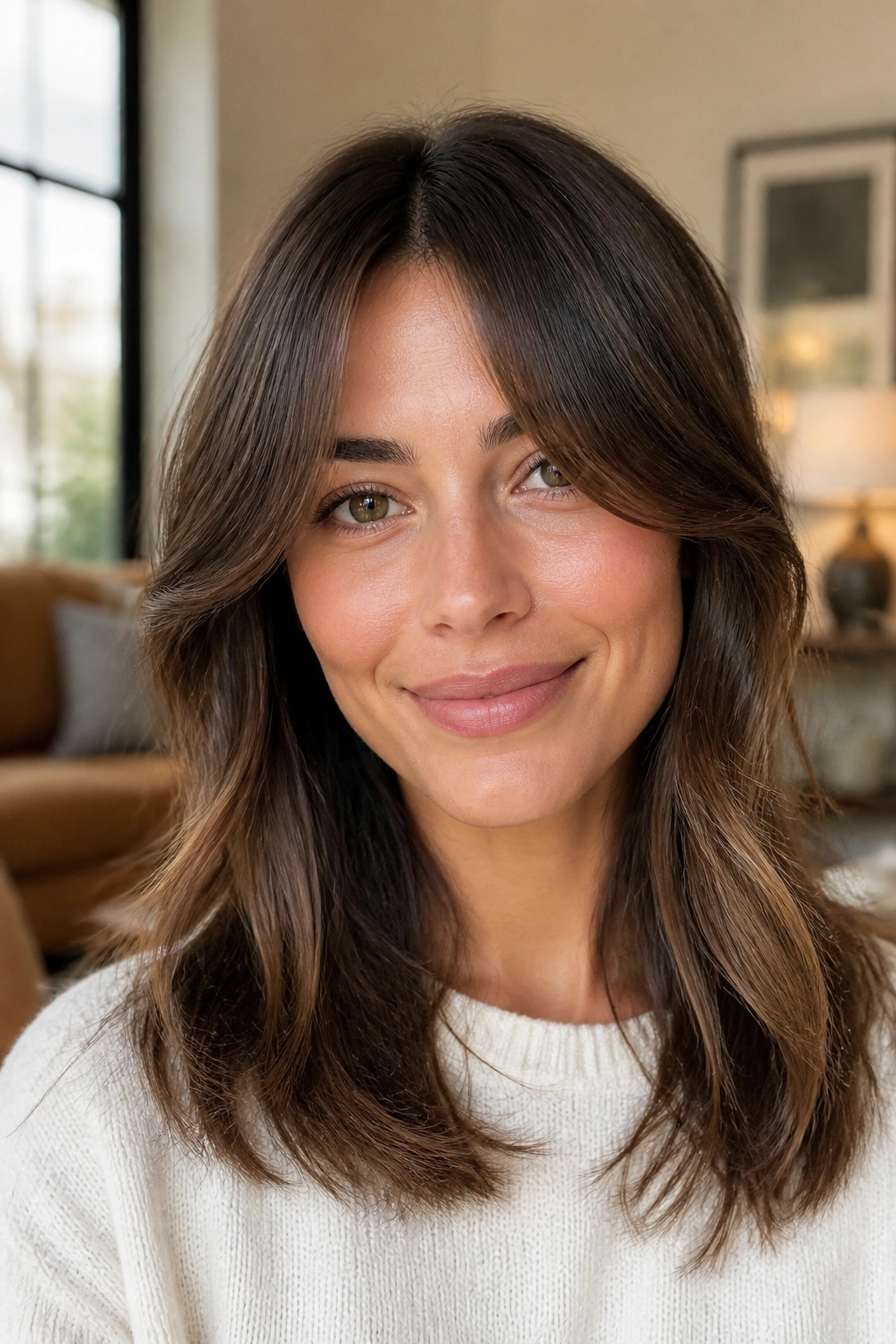 Close-up portrait of a real woman with soft center-part curtain bangs in warm window light
