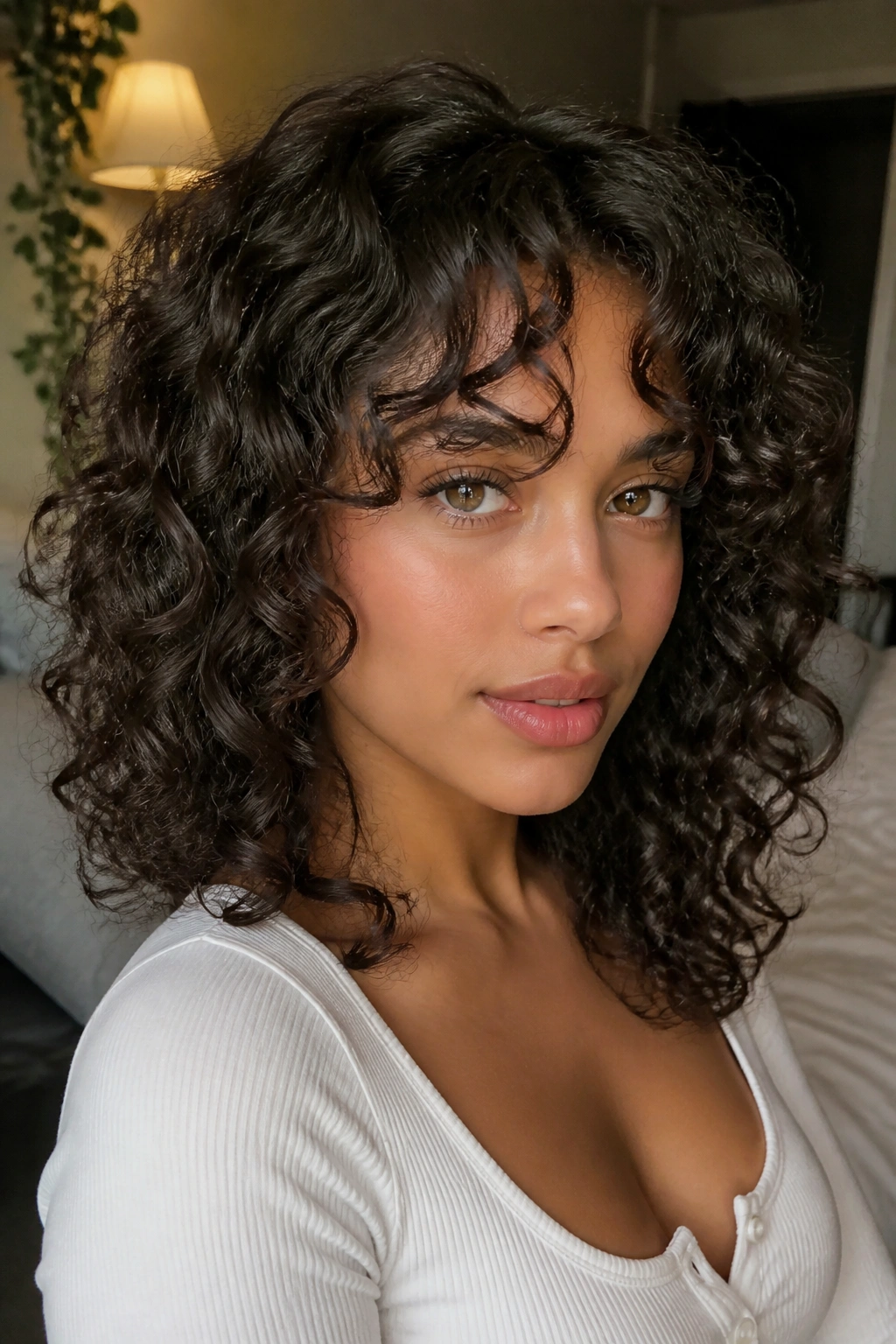 Close-up portrait of a real woman with soft curtain bangs split at the brow and curly hair.