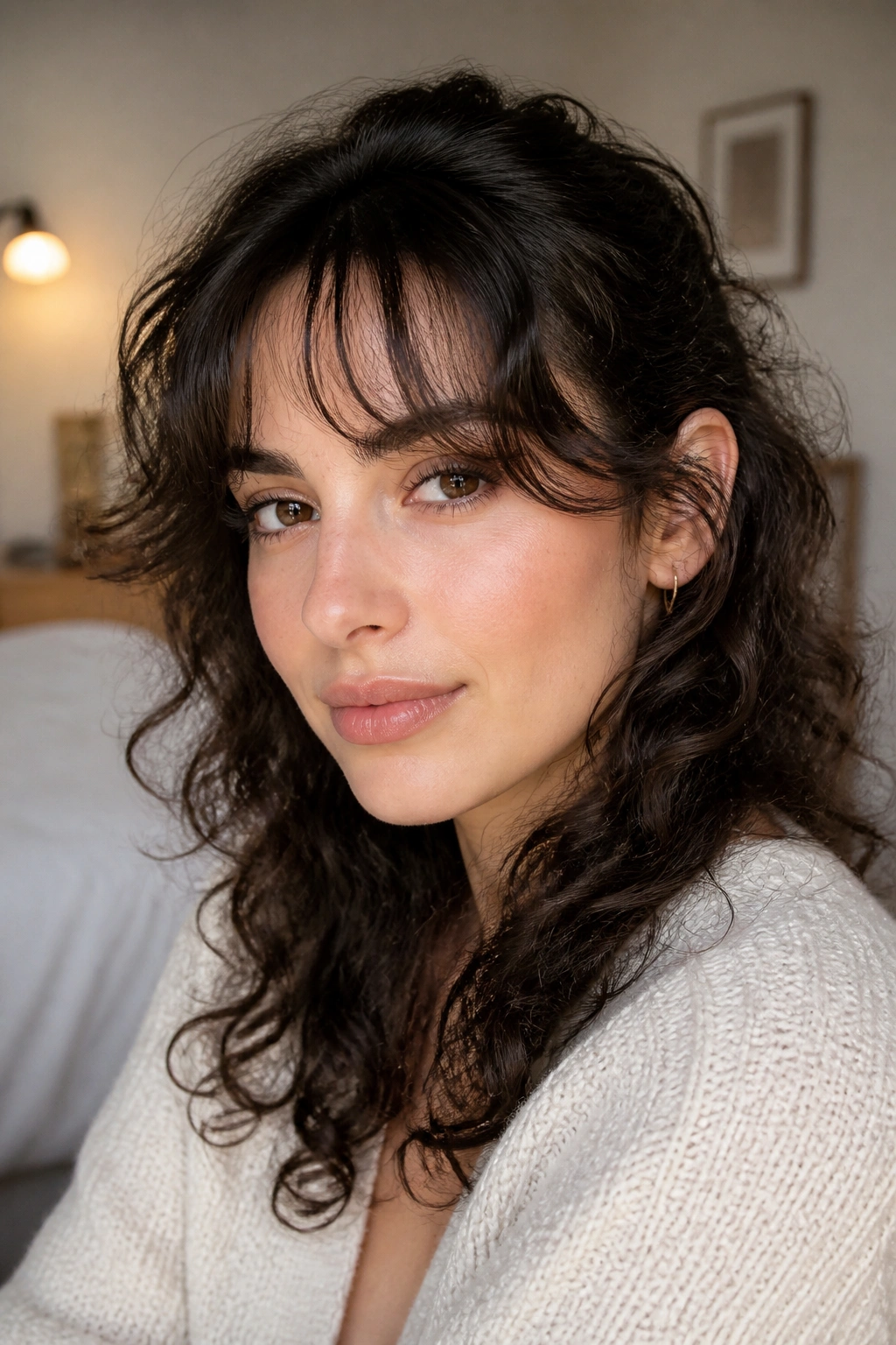 Close-up of a real woman with soft curtain bangs and loose curls in bedroom window light