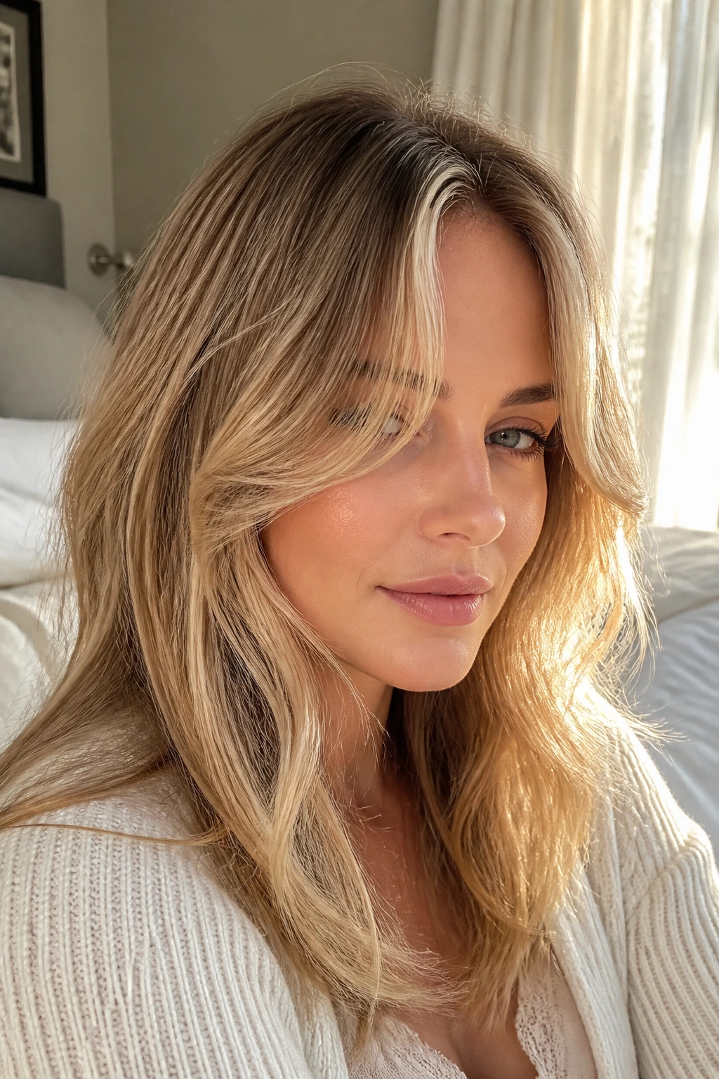 Close-up portrait of a real woman with soft curtain bangs in honey blonde under natural light