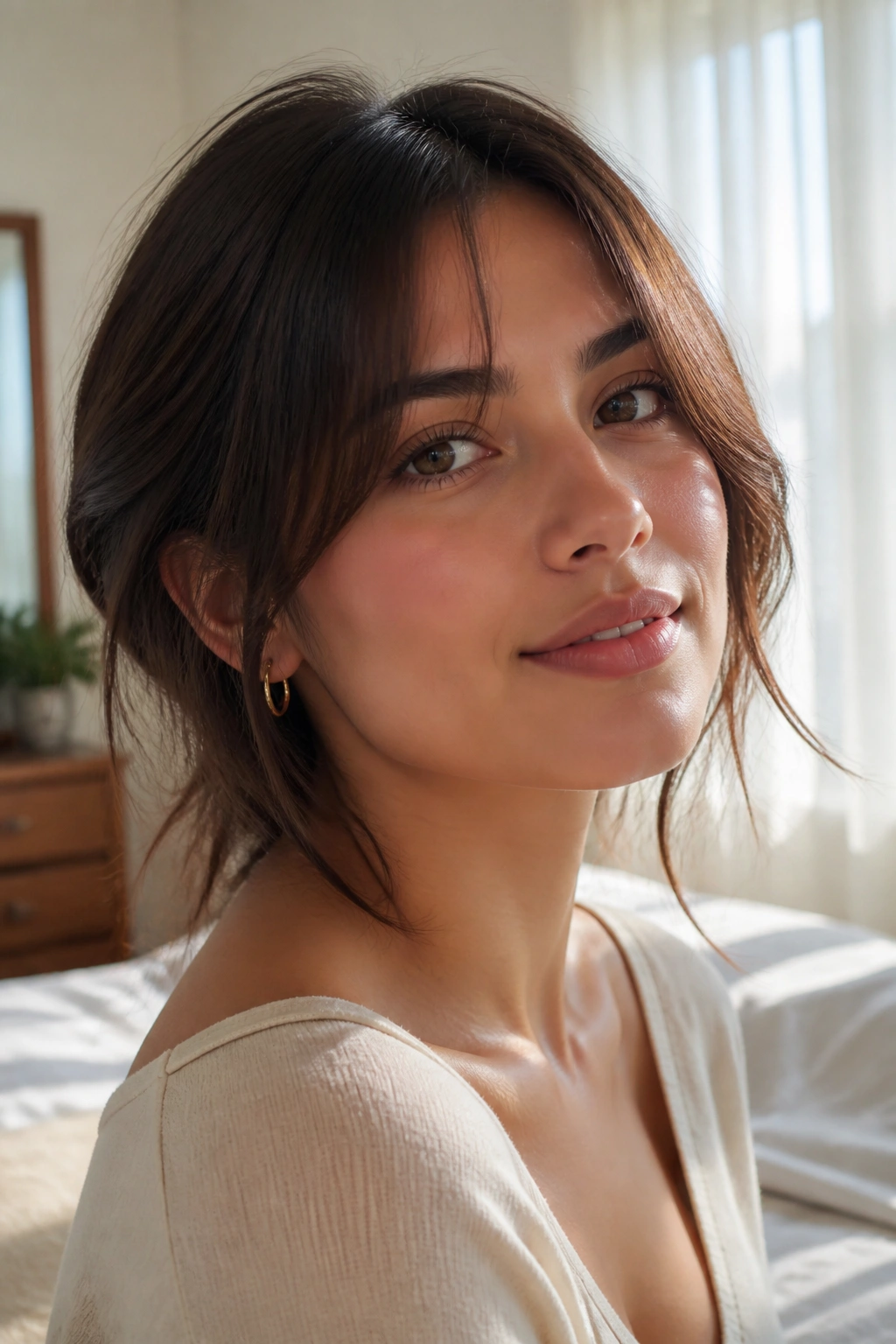 Close-up of a real woman with soft curtain bangs in natural window light