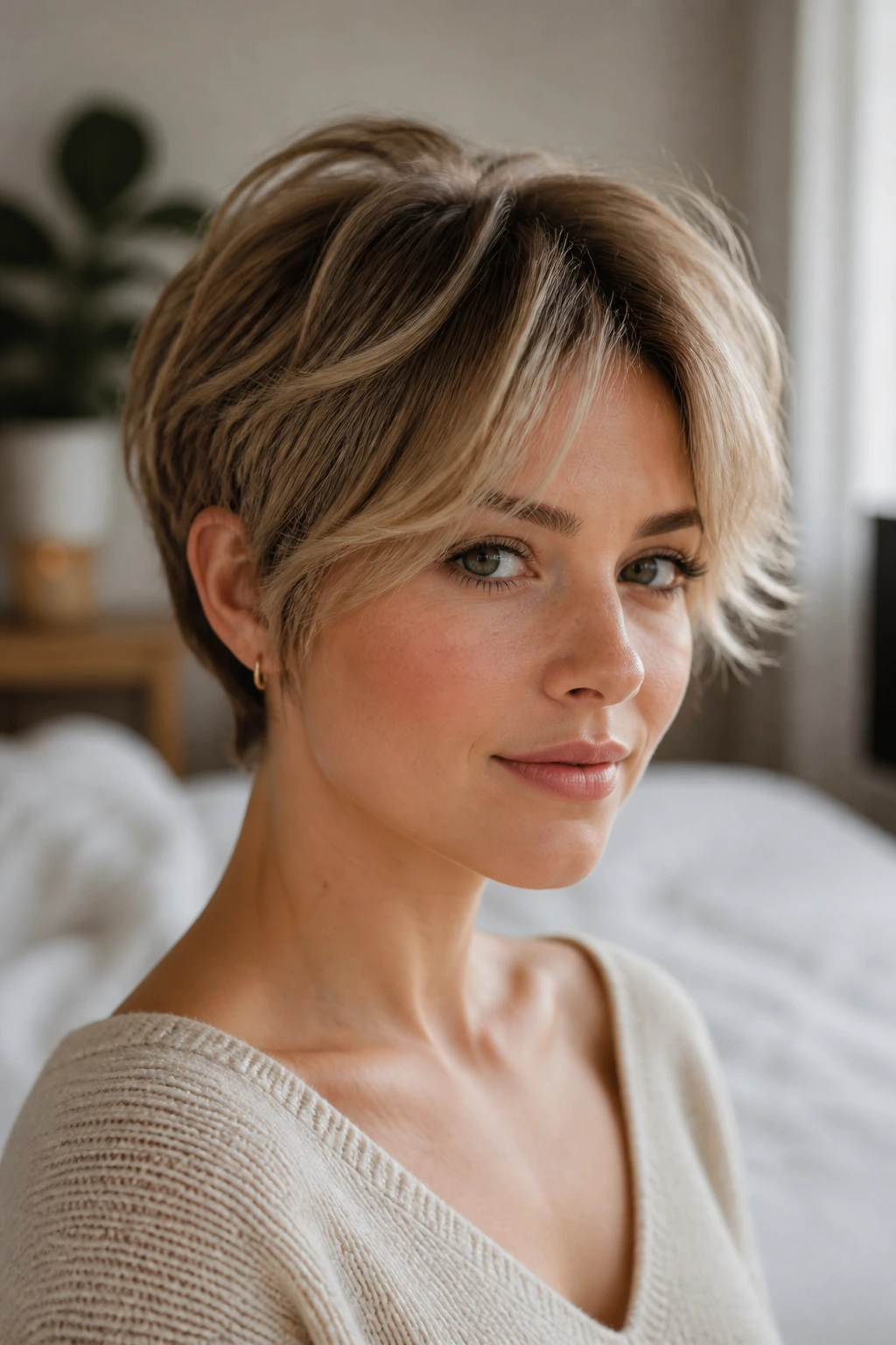 Close-up of a real woman with soft curtain pixie hairstyle under warm window light.