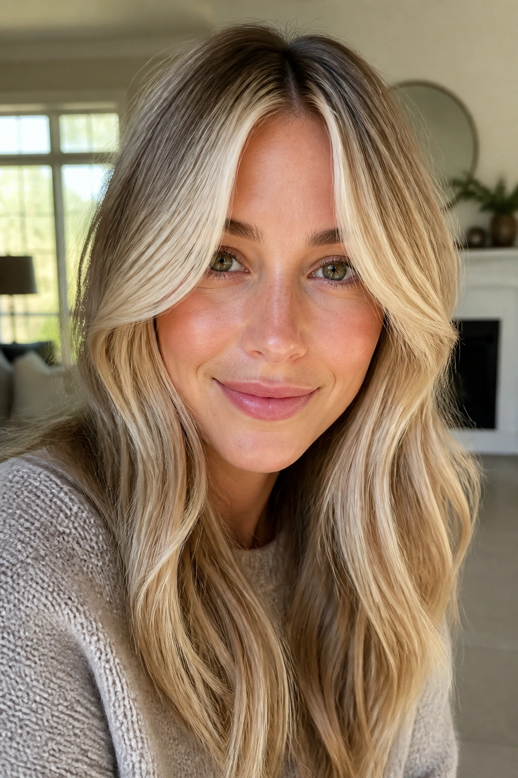 Close-up portrait of a real woman with soft curtain-stripe blonde framing the face