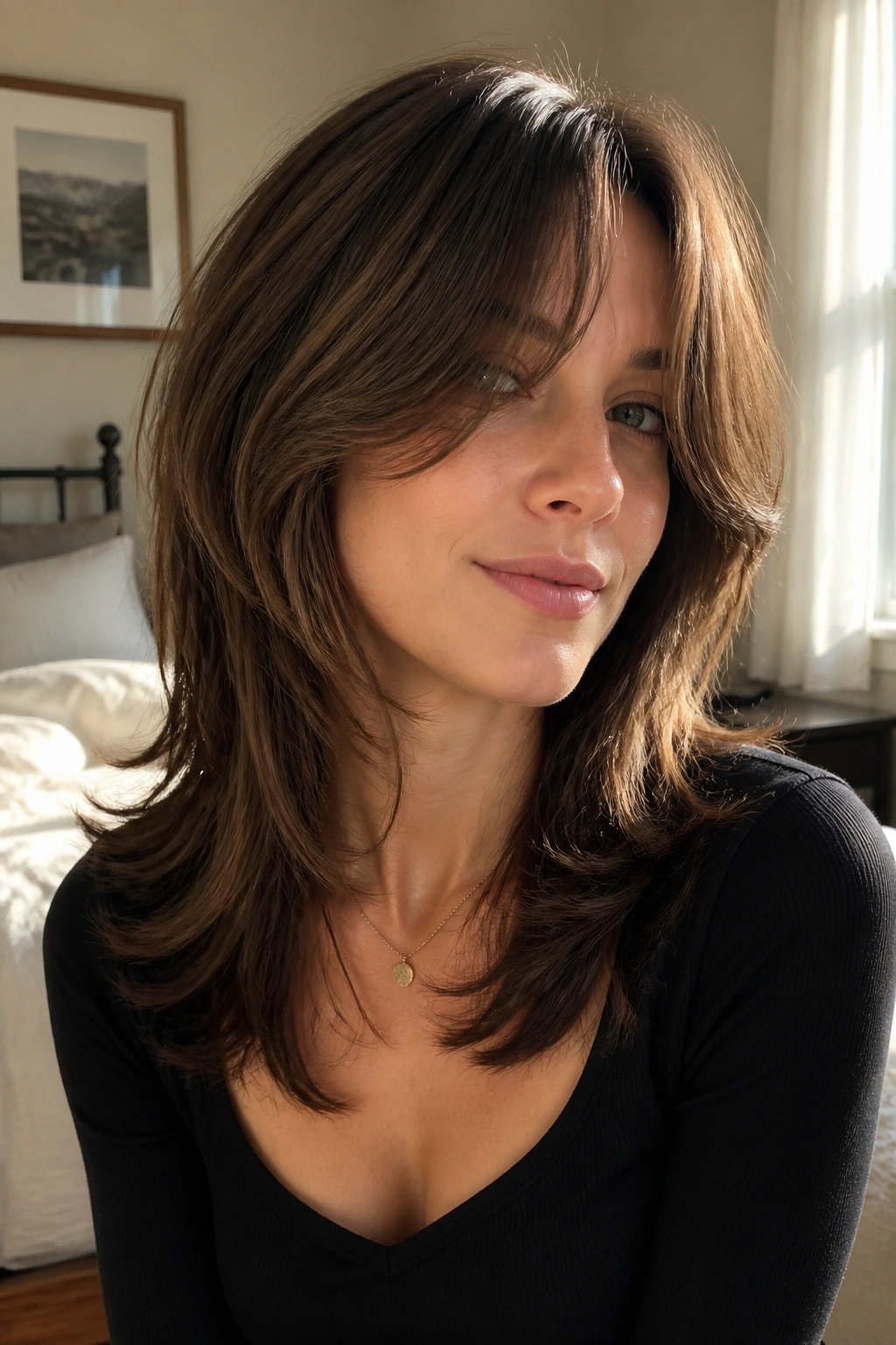 Close-up portrait of a real woman with soft curtain wolf cut and curtain bangs