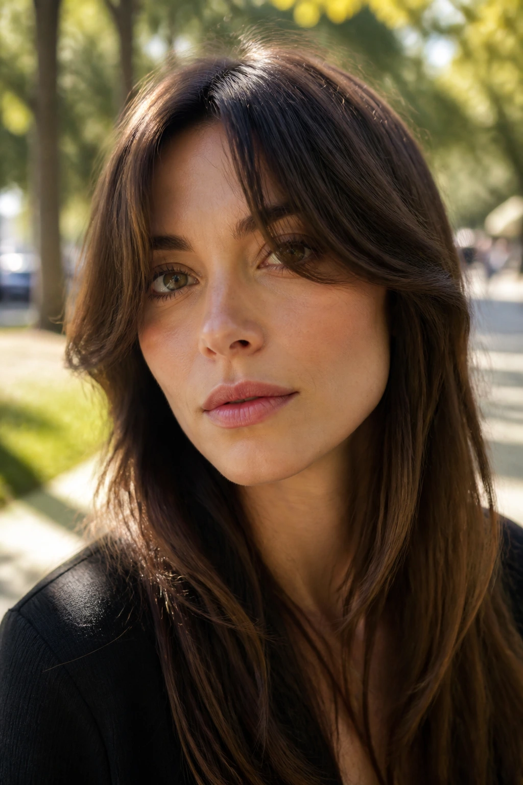 Close-up of a woman with soft curved curtain bangs on an angular face outdoors