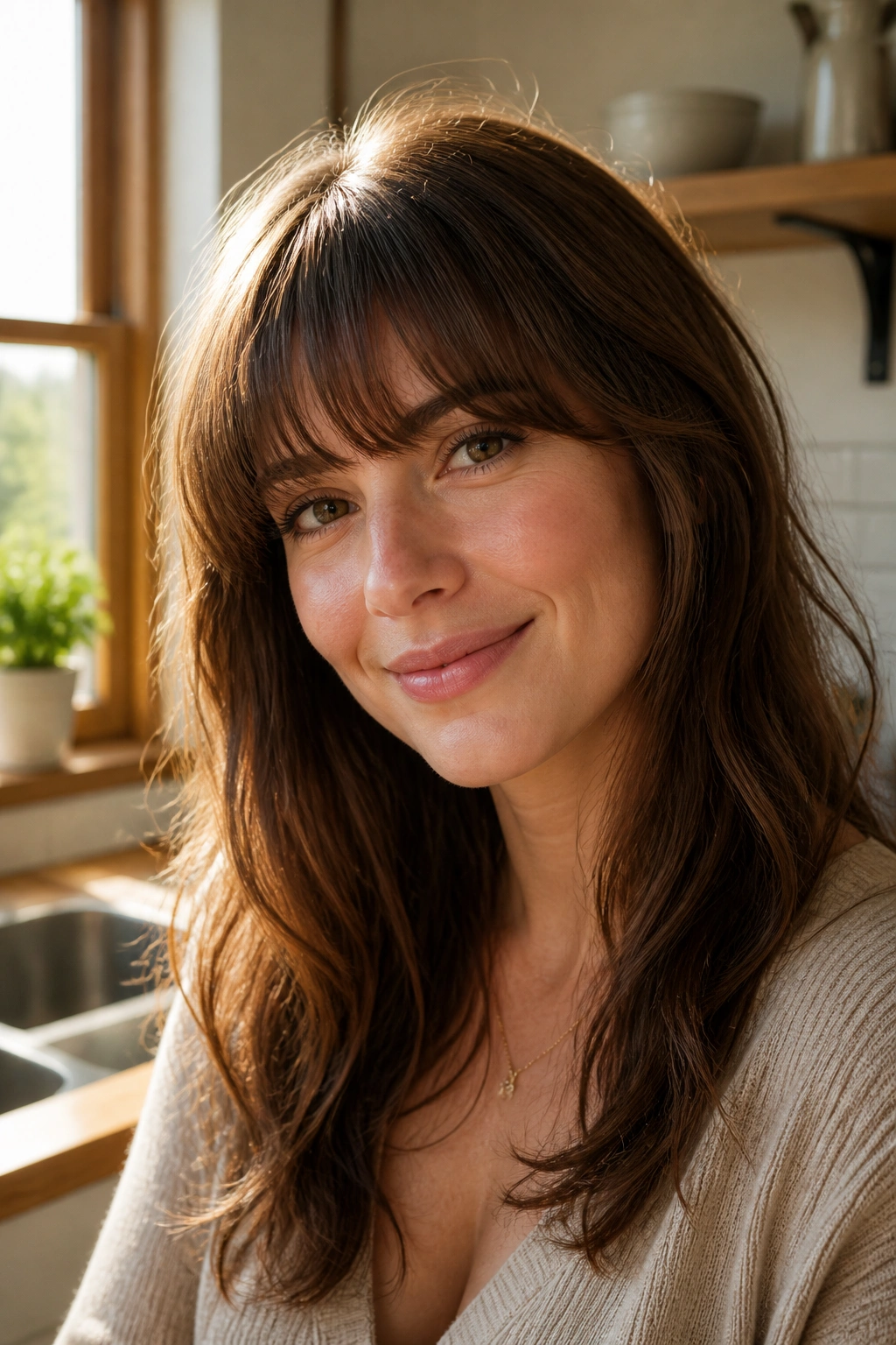 Close-up of a real woman with soft curved full bangs across the forehead
